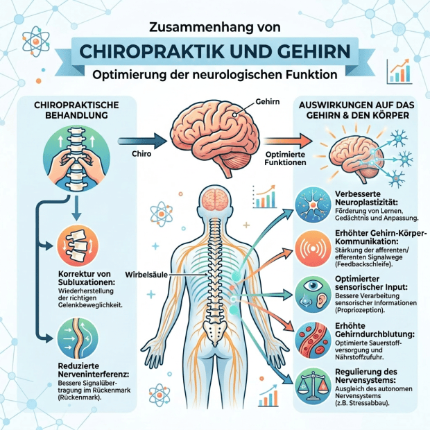 Diagram showing chiropractic treatment correcting spinal subluxations to enhance brain and body functions