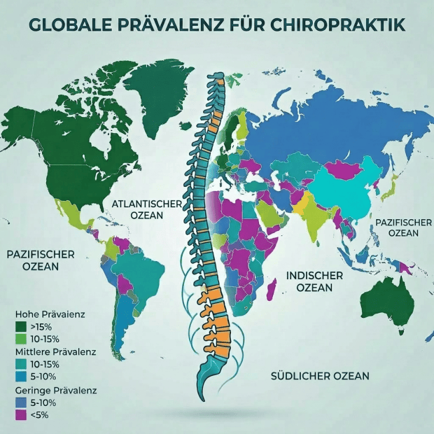 World map with spinal health and medical icons showing regions and healthcare themes