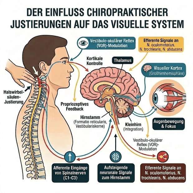 Diagram showing chiropractic adjustment of cervical spine affecting brain regions and nerves controlling eye movement and focus