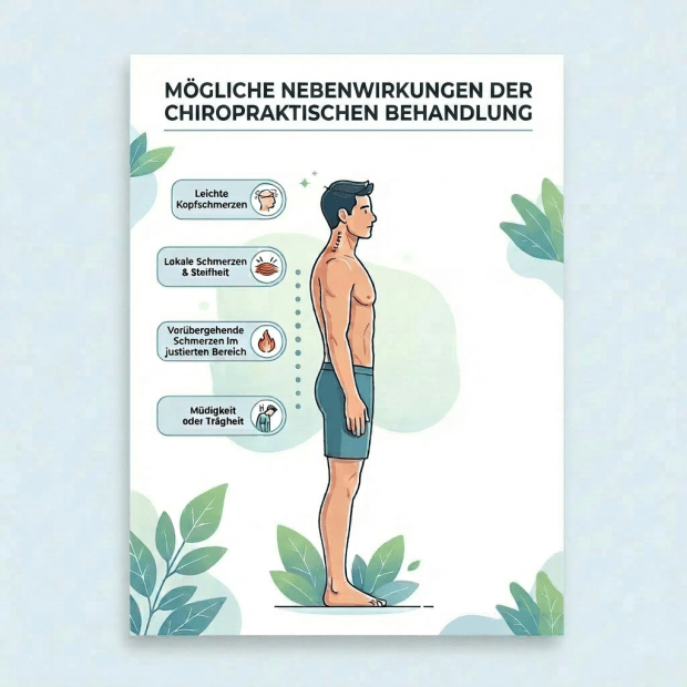 Diagram listing common temporary side effects like headaches and soreness, and rare serious side effects like vertebral artery dissection and nerve injury for chiropractic adjustments