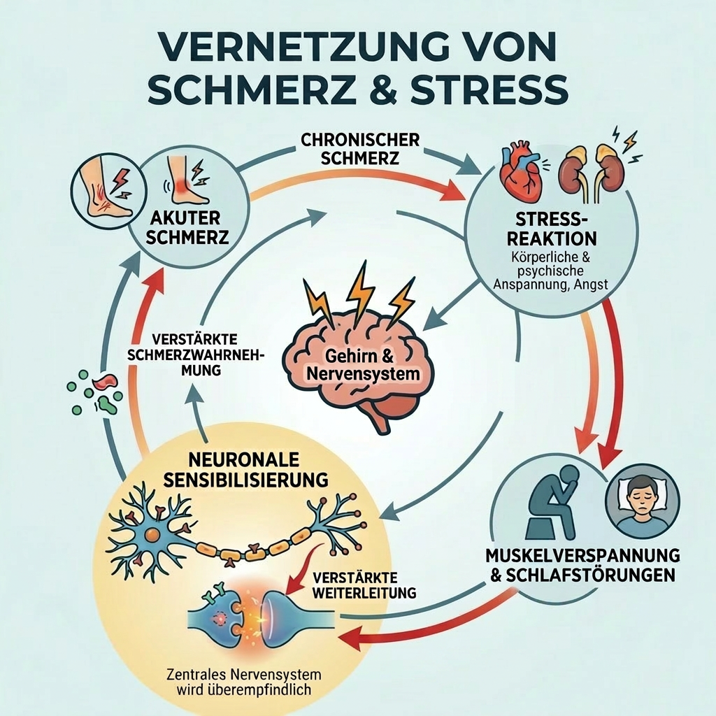 Diagram showing the cycle between acute pain, chronic pain, stress reaction, muscle tension and sleep disorders, and neuronal sensitization affecting brain and nervous system